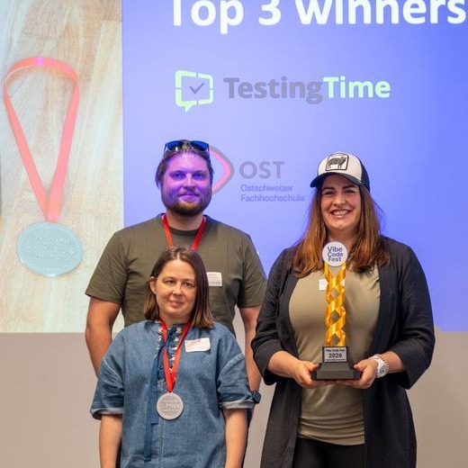 The top 3 winners of the last Vibe Code Fest hackathon on stage at the Evening Awards Ceremony
